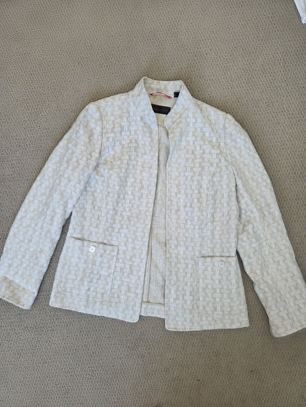 Vintage Nina McLemore Cream Basketweave Linen Tweed Open-Front Jacket Blazer